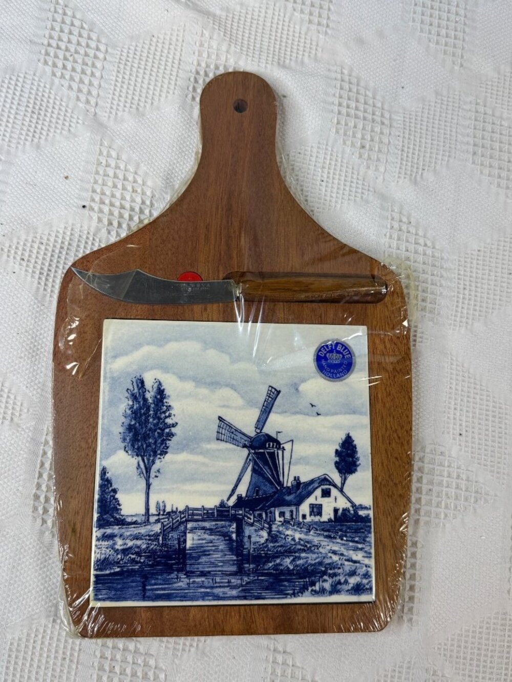 Vintage Delft Blue Hand Painted Holland Cheese Board w Knife Windmill Tile NEW